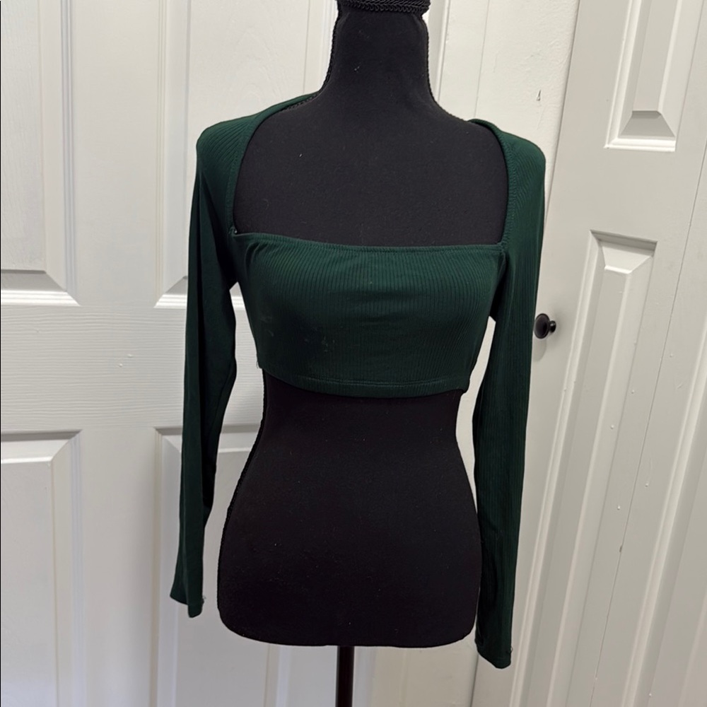 SHEIN Green Long Sleeve Fitted Crop Bodysuit